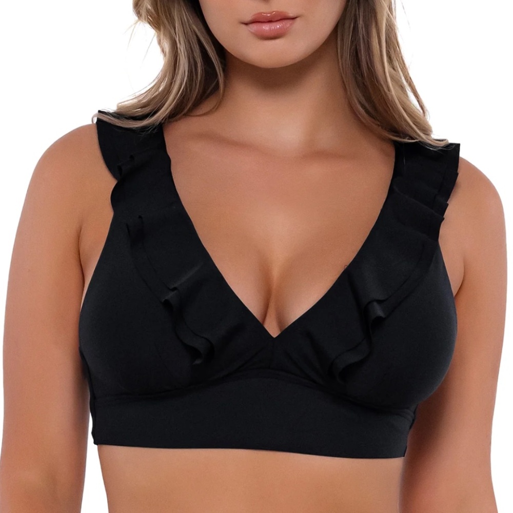 NEW Sunsets Willa Wireless Ruffle Racerback Bikini Swim Top 546 Black